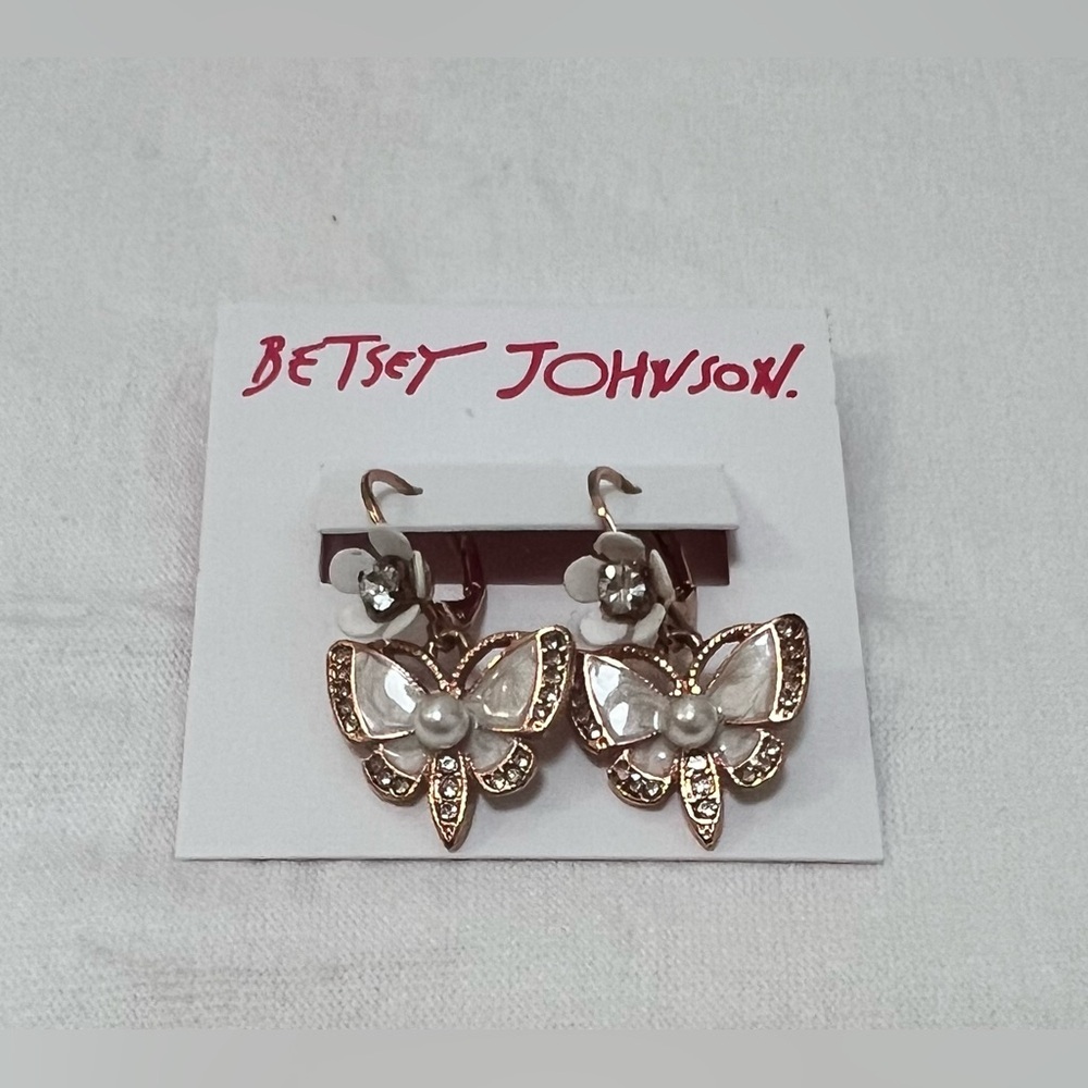 NWT Betsey Johnson Rose Gold Butterfly Drop Earrings with Pearl Accent